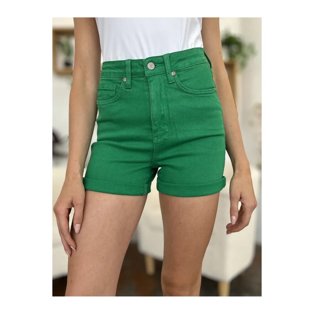 NWT Judy Blue Tummy Control High Waist Green Denim Shorts, Roll Cuff, Pockets